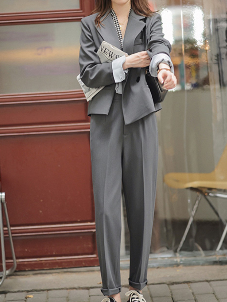 Women's Suits Blazers Autumn Workwear 2 Pieces Blazer Set Women Business Suit Jacket High Waist Pencil Pants Female Fashion Grey Pantsuits Outfit