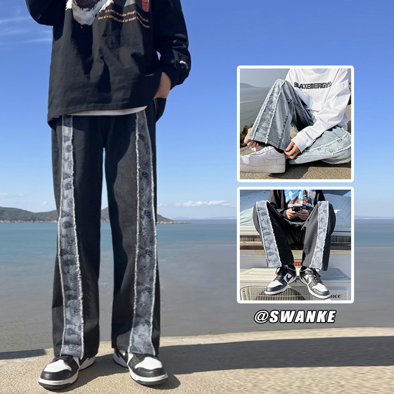 Men's Jeans Cashew Flower Printed Men Jeans Patchwork Denim Straight Jean Pants Black Men's Hip Hop Jeans Neutral Streetwear denim Trousers 