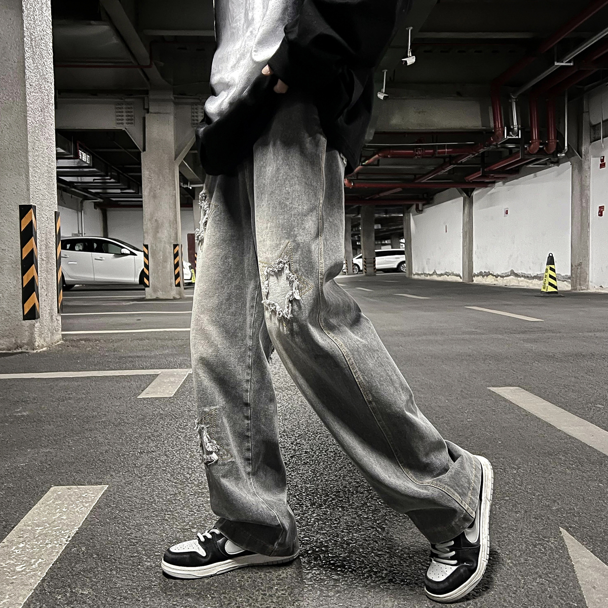 Men's Jeans Spring Summer Star Patch Jean Pants Hole Burrs Patchwork Denim Pants Male Straight Loose Mopping Trousers Hip Hop Jeans 221008