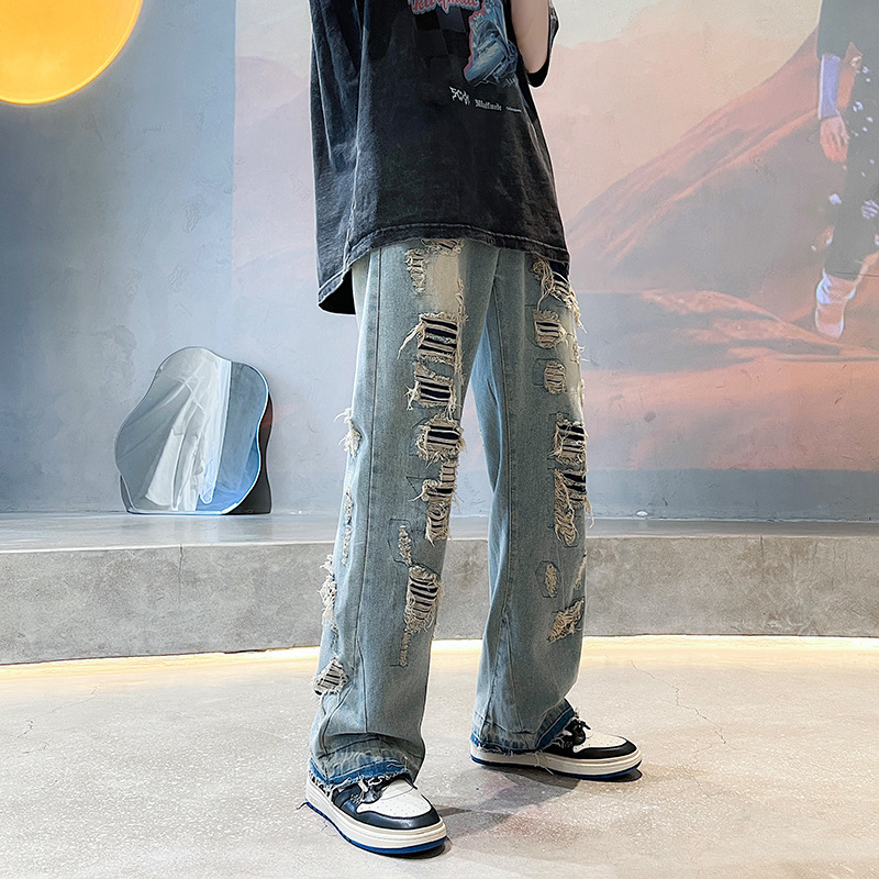 Men's Jeans High Street Streetwear Destroyed Ripped Jeans Homme Hip Hop Destroyed Tattered Biker Denim Jeans Hole Loose Wide Leg pants 221008