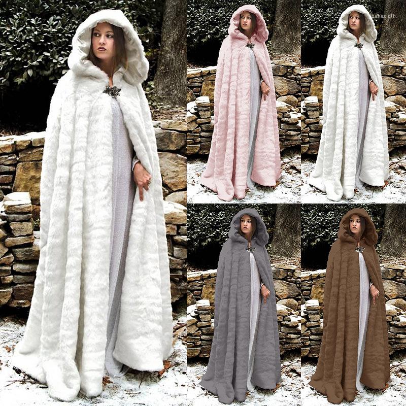 Women' Trench Coats The Autumn/winter Pure Color Hooded Flannel Long Cloak Imitation Fur Coat, Gray