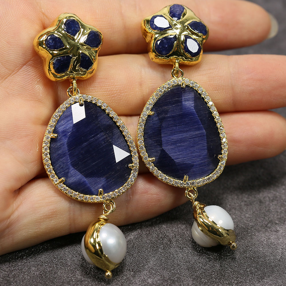 Natural White Pear Dangle Blue Cat eye Crystal CZ Pave Connector Gold Flower Blue Jade Stud Earrings Handmade For Women
Natural White Pear Dangle Blue Cat eye Crystal CZ Pave Connector Gold Flower Blue Jade Stud Earrings Handmade For Women