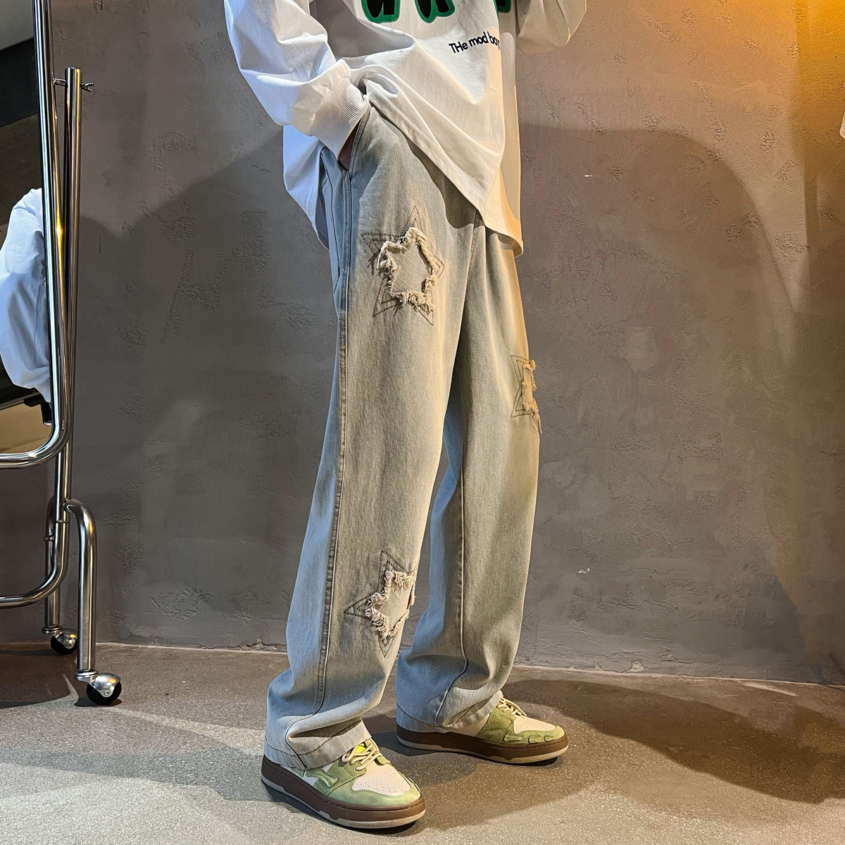 Men's Jeans Spring Summer Star Patch Jean Pants Hole Burrs Patchwork Denim Pants Male Straight Loose Mopping Trousers Hip Hop Jeans 221008