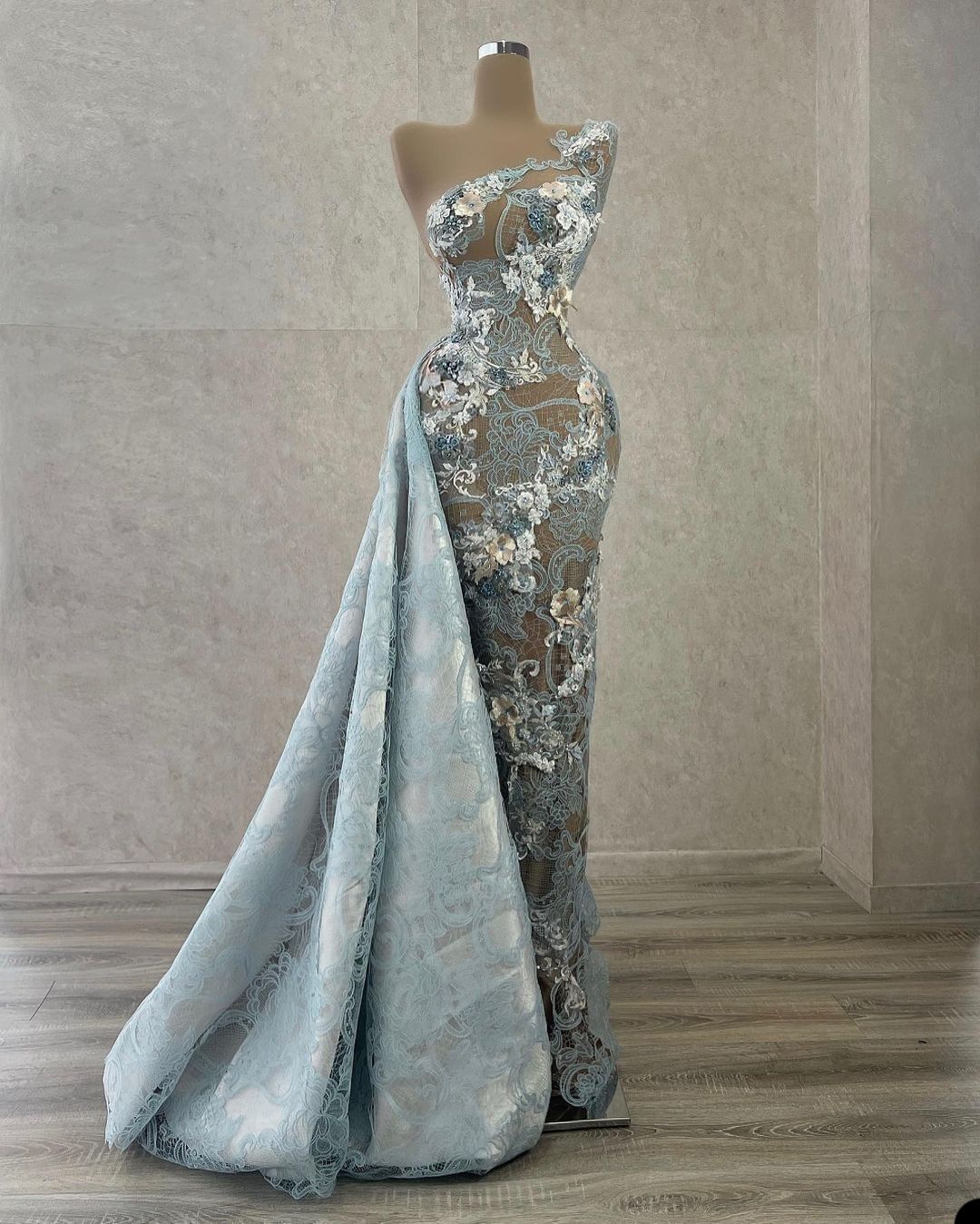 Dusty Blue Mermaid Prom Dresses with Detachable Train 2023 Lace Floral One Shoulder Aso Ebi Arabic Evening Gown vestidos de novia