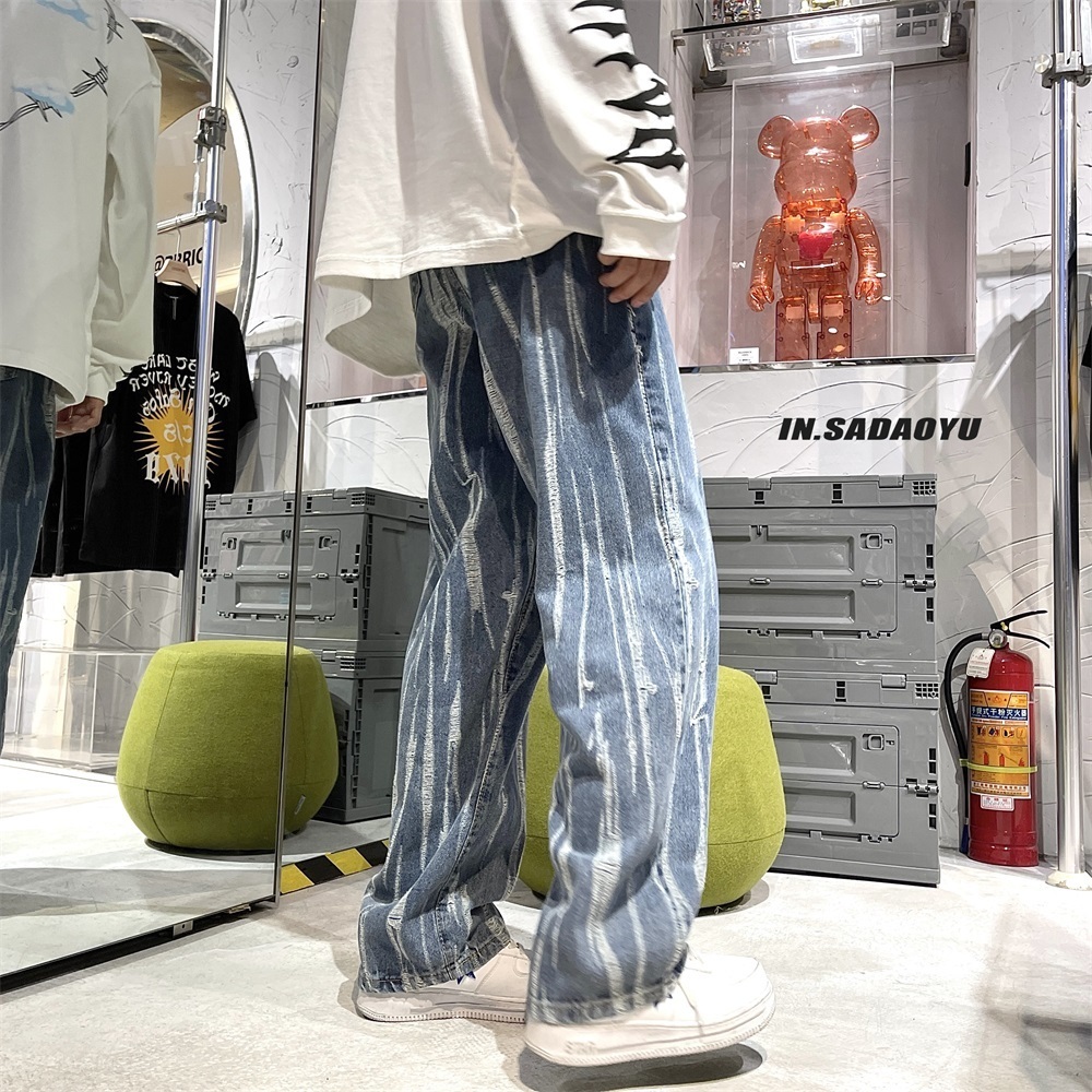 Men's Jeans Blue Jeans Mens Fashion Snowflake Hole Washing Trousers Men Streetwear Hip Hop Skateboard Jean Pants Loose Straight Denim 221008