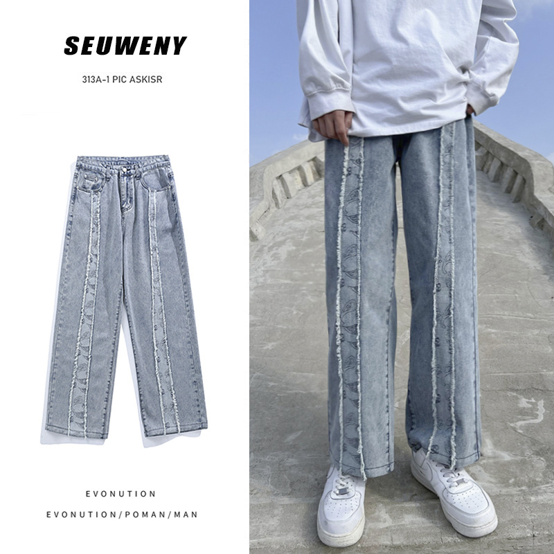 Men's Jeans Cashew Flower Printed Men Jeans Patchwork Denim Straight Jean Pants Black Men's Hip Hop Jeans Neutral Streetwear denim Trousers 
