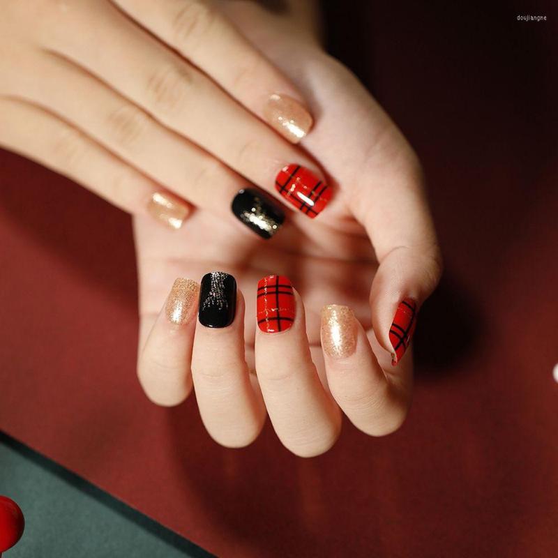 False Nails 24pcs Christmas Fake Short Square Mix Black Red Gold Color Full Cover Nail Art, As show
False Nails 24pcs Christmas Fake Short Square Mix Black Red Gold Color Full Cover Nail Art, As show
