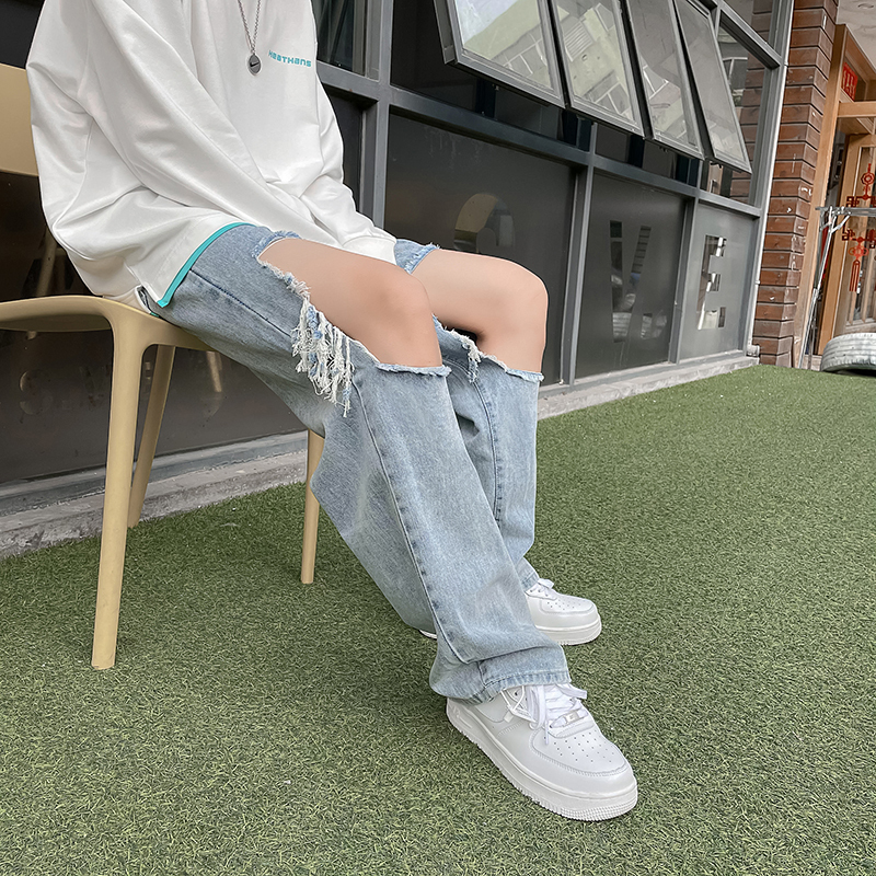 Men's Jeans High Street Jeans for Men Light Blue Straight Frayed Ripped Hole Mens Thin Summer Casual Denim Pants Baggy Hip Hop Trousers 221008