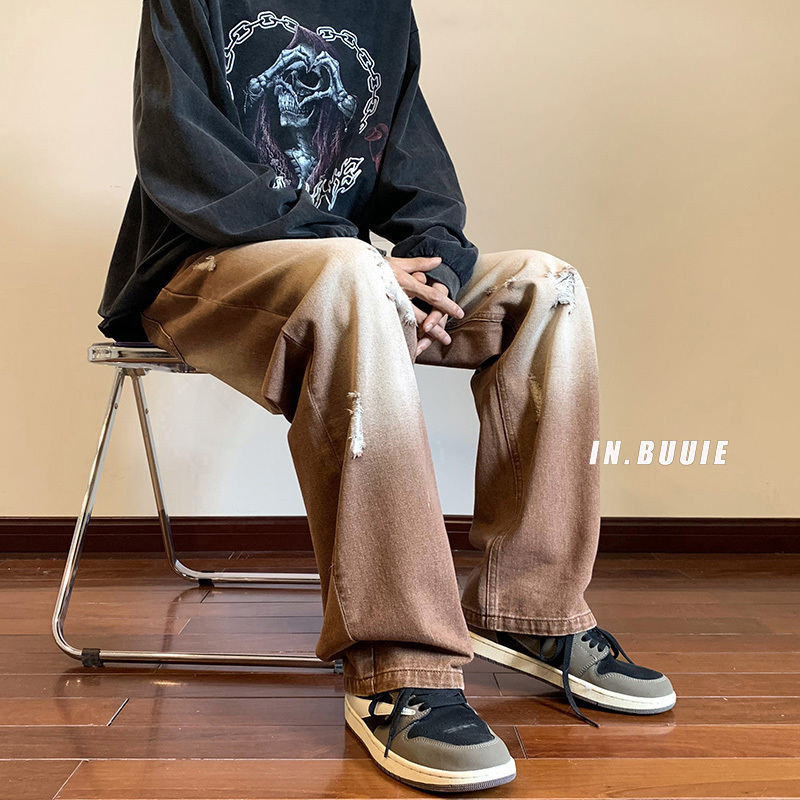 Men's Jeans Autumn Fashion Men's Baggy Jeans Unisex Ripped Straight Denim Wideleg Pants Hip Hop Streetwear Trousers BlackBrown 221008