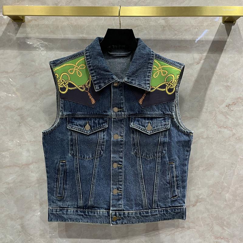 Women' Vests Cordage Print Patch Panel Denim Vest Women' High-end Design Sleeveless Jacket, Blue
Women' Vests Cordage Print Patch Panel Denim Vest Women' High-end Design Sleeveless Jacket, Blue