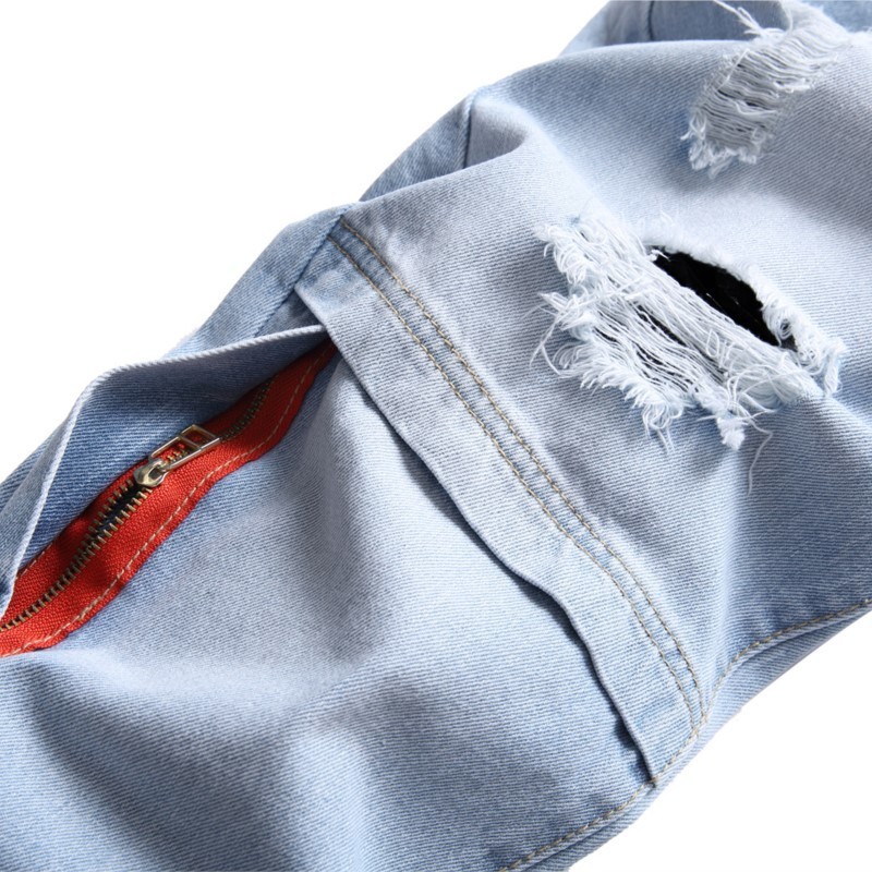 Men's Jeans Fashion Biker Jeans Men's Distressed Ripped Hip Hop Straight Slim Fit Holes Punk Denim Cotton Pants Knee Zipper Decorate 221008