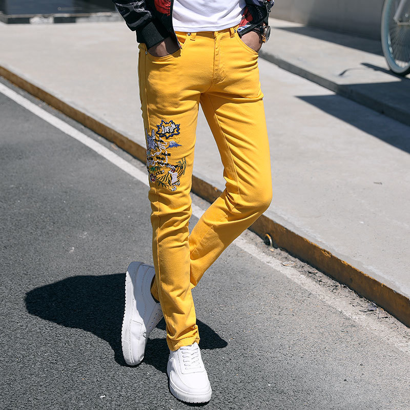 Men's Jeans Fashion Streetwear Mens Jeans Slim Fit Pink Yellow Green Color Elastic Punk Pants Hip Hop Jeans Embroidery Denim Trousers Men 221008