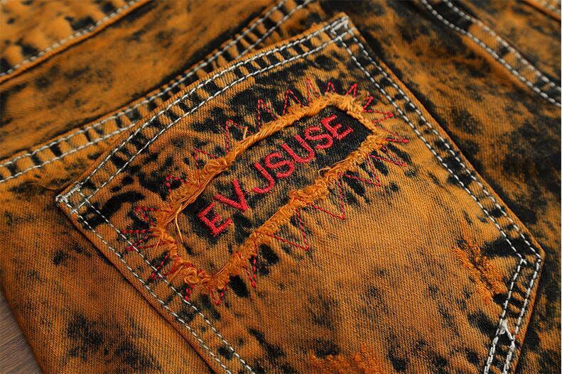 Men's Jeans EVJSUSE Yellow Coated retro jeans male hole personality Slim straight mens patchwork Embroidery ripped 221008