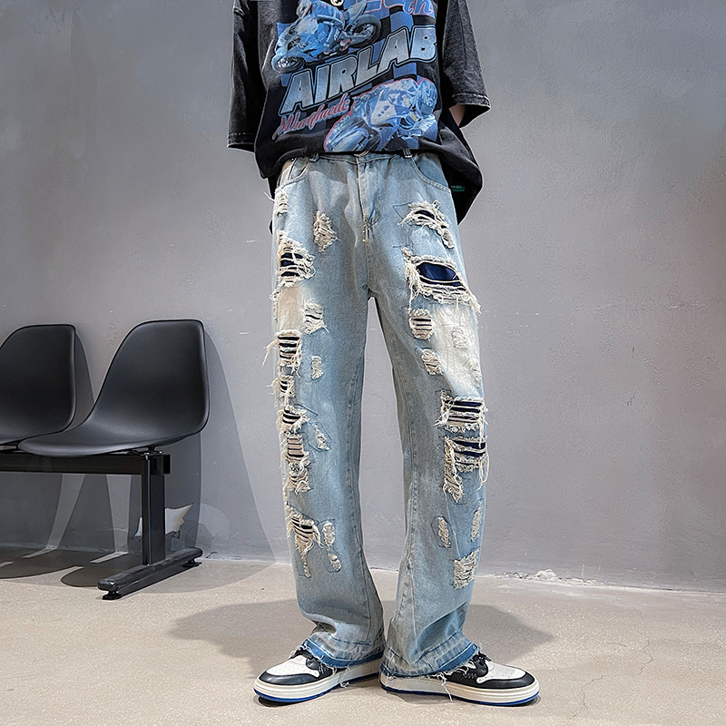 Men's Jeans High Street Streetwear Destroyed Ripped Jeans Homme Hip Hop Destroyed Tattered Biker Denim Jeans Hole Loose Wide Leg pants 221008