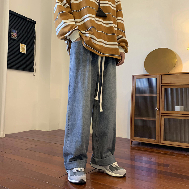 Men's Jeans Autumn Solid Simple Jean Pants Korean Men's Baggy Washed Jeans Classic Unisex Straight Daily Denim Mopping Wideleg Pants 221008