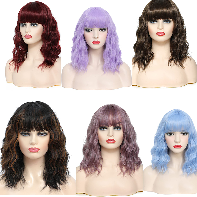 Red Wavy with Bangs Women Wig Short Curly Bob Wigs with Bangs 14 Inch Shoulder Length Wine Red Hair White Women Wigs for Black Women