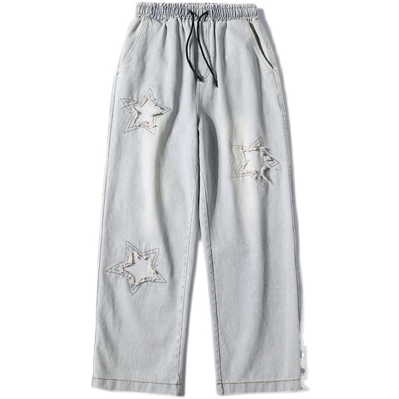 Men's Jeans Spring Summer Star Patch Jean Pants Hole Burrs Patchwork Denim Pants Male Straight Loose Mopping Trousers Hip Hop Jeans 221008