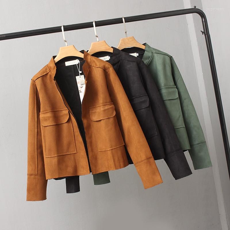 Women's Jackets Women's Coat Jacket Spring Autumn Short Deerskin Stand Collar Pocket Cardigan Ladies Fashion Large Size Outerwear, Green 
Women's Jackets Women's Coat Jacket Spring Autumn Short Deerskin Stand Collar Pocket Cardigan Ladies Fashion Large Size Outerwear, Green