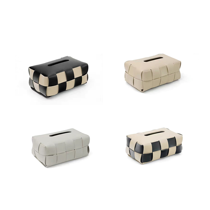 Tissue Boxes Napkins Checkerboard Woven Box Fashion Leather Napkin Case Living Room Office Desktop Home Decoration Creative Paper Towel Cover 221008