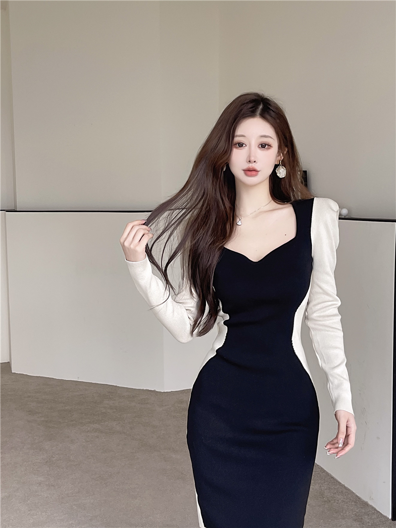 Womens v-neck long sleeeve color block knitted dress bodycon tunic side vent jag midi long vestidos SML