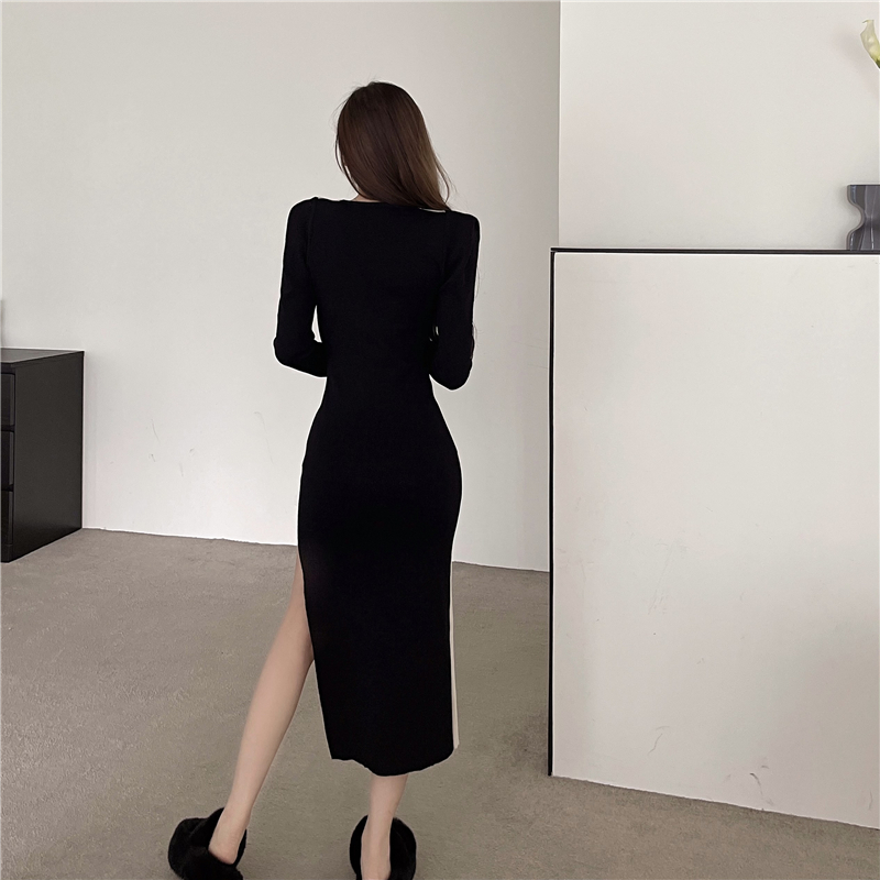 Womens v-neck long sleeeve color block knitted dress bodycon tunic side vent jag midi long vestidos SML