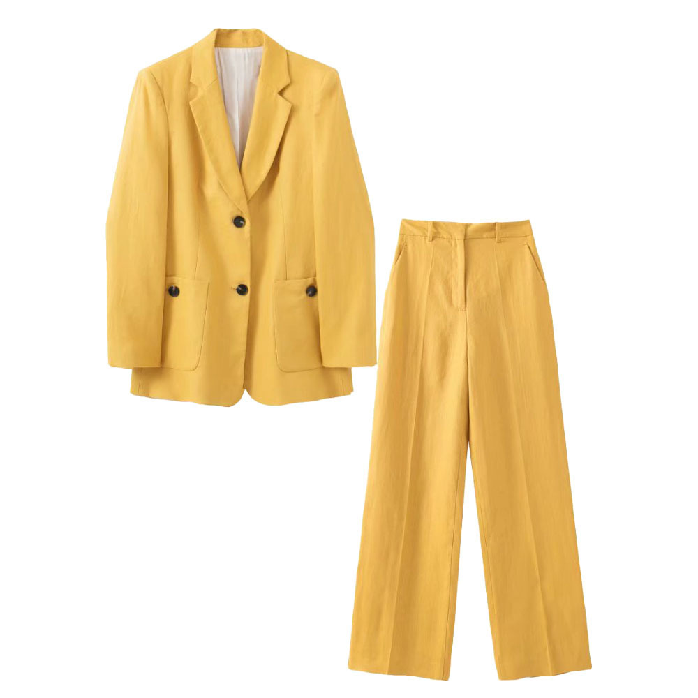 Women's Suits Blazers Women's Chic Fashion Patch Pocket Decorative Linen Blazer Casual Vintage Female Jacket High Waist Pants Set Mujer 2210