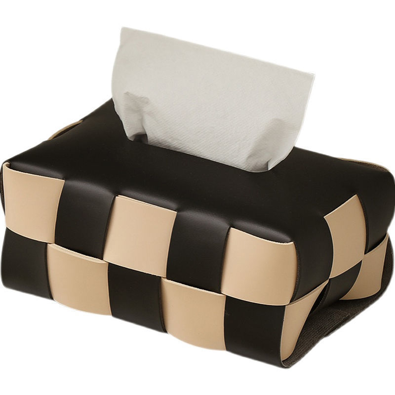 Tissue Boxes Napkins Checkerboard Woven Box Fashion Leather Napkin Case Living Room Office Desktop Home Decoration Creative Paper Towel Cover 221008