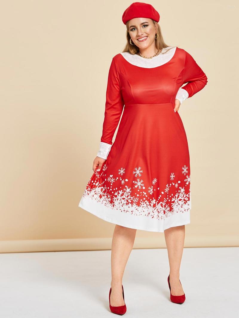 

Casual Dresses ROSEGAL Christmas Snowflake Women High Waisted Velvet Insert Long Sleeve Mid-Calf A Line Dress Red Vestidos 5XL