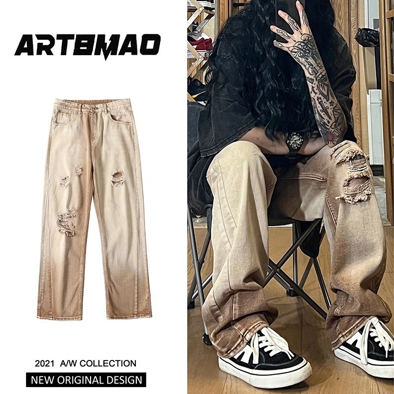 Men's Jeans High Street Ripped Jeans Men's Distressed Washed Vintage Straight Wide Leg Pants Streetwear Destroyed Hip Hop Broken Jeans 22100