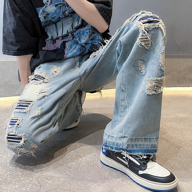 Men's Jeans High Street Streetwear Destroyed Ripped Jeans Homme Hip Hop Destroyed Tattered Biker Denim Jeans Hole Loose Wide Leg pants 221008