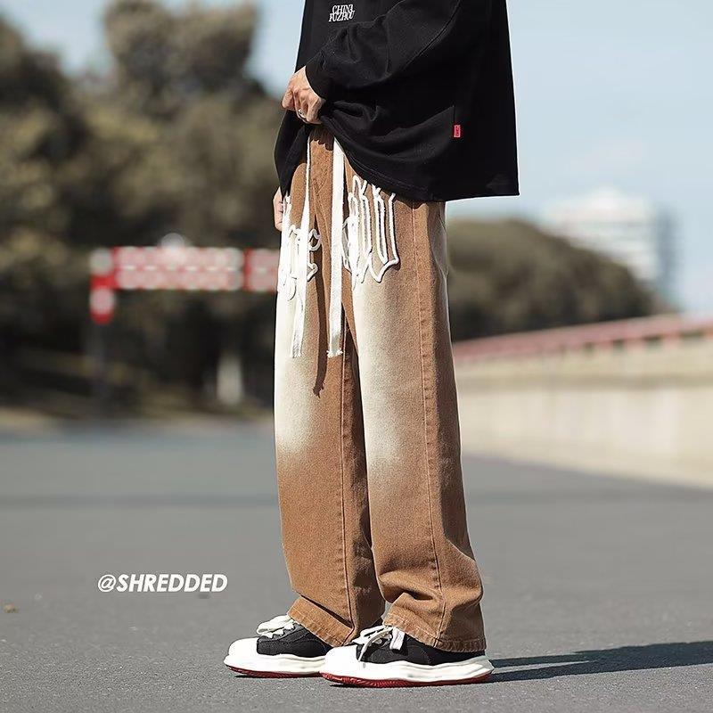 Men's Jeans Gradient Green Brown Stretch Hip Hop Jeans Men Vintage High Street Letter Handsome Street Dance Pants Loose Denim Jeans M5XL 221008