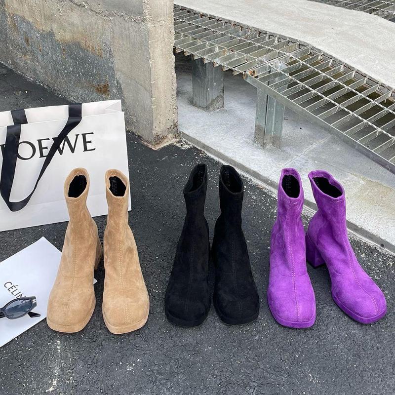 Boots Round Toe Women Ankle Flock Stretch Sock Booties Black Beige Purple Thick High Heels Slip On Fashion Winter Autumn Bootie
Boots Round Toe Women Ankle Flock Stretch Sock Booties Black Beige Purple Thick High Heels Slip On Fashion Winter Autumn Bootie