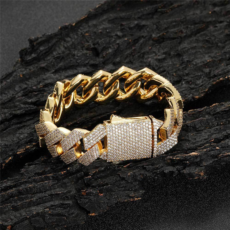 necklace moissanite chain 19mm Wide Iced Out Chains Stone Gold Plated Miami Cuban Link Chain Necklace Bracelet Mens Hip hop Jewelry gift