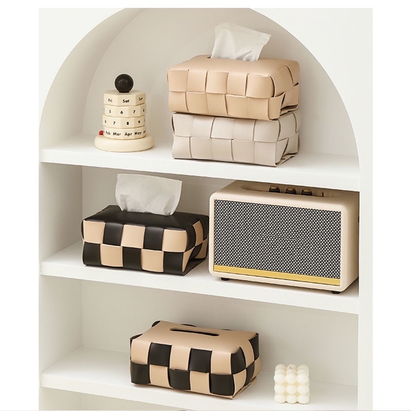Tissue Boxes Napkins Checkerboard Woven Box Fashion Leather Napkin Case Living Room Office Desktop Home Decoration Creative Paper Towel Cover 221008