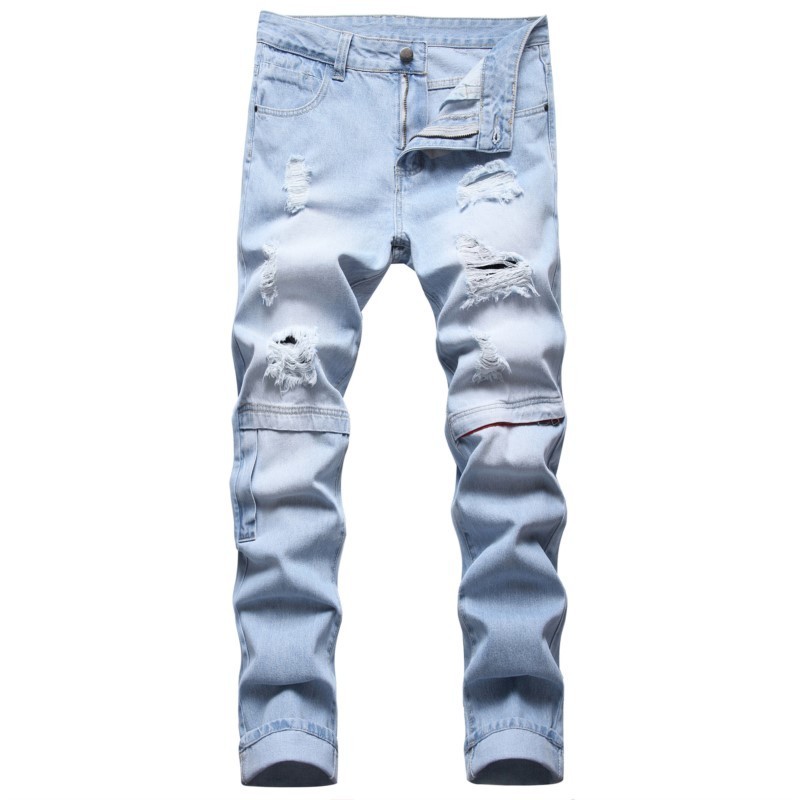 Men's Jeans Fashion Biker Jeans Men's Distressed Ripped Hip Hop Straight Slim Fit Holes Punk Denim Cotton Pants Knee Zipper Decorate 221008