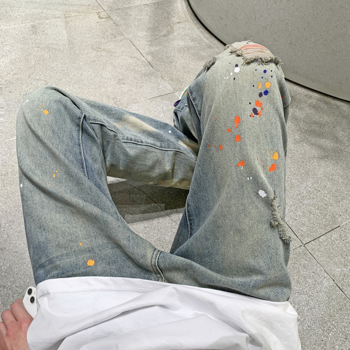 Men's Jeans Men Vintage Paint point Jeans Oversized Straight Hole jeans Pants Mens High Street Hip Hop Harem Pants Denim Pants 3XLS 221008
