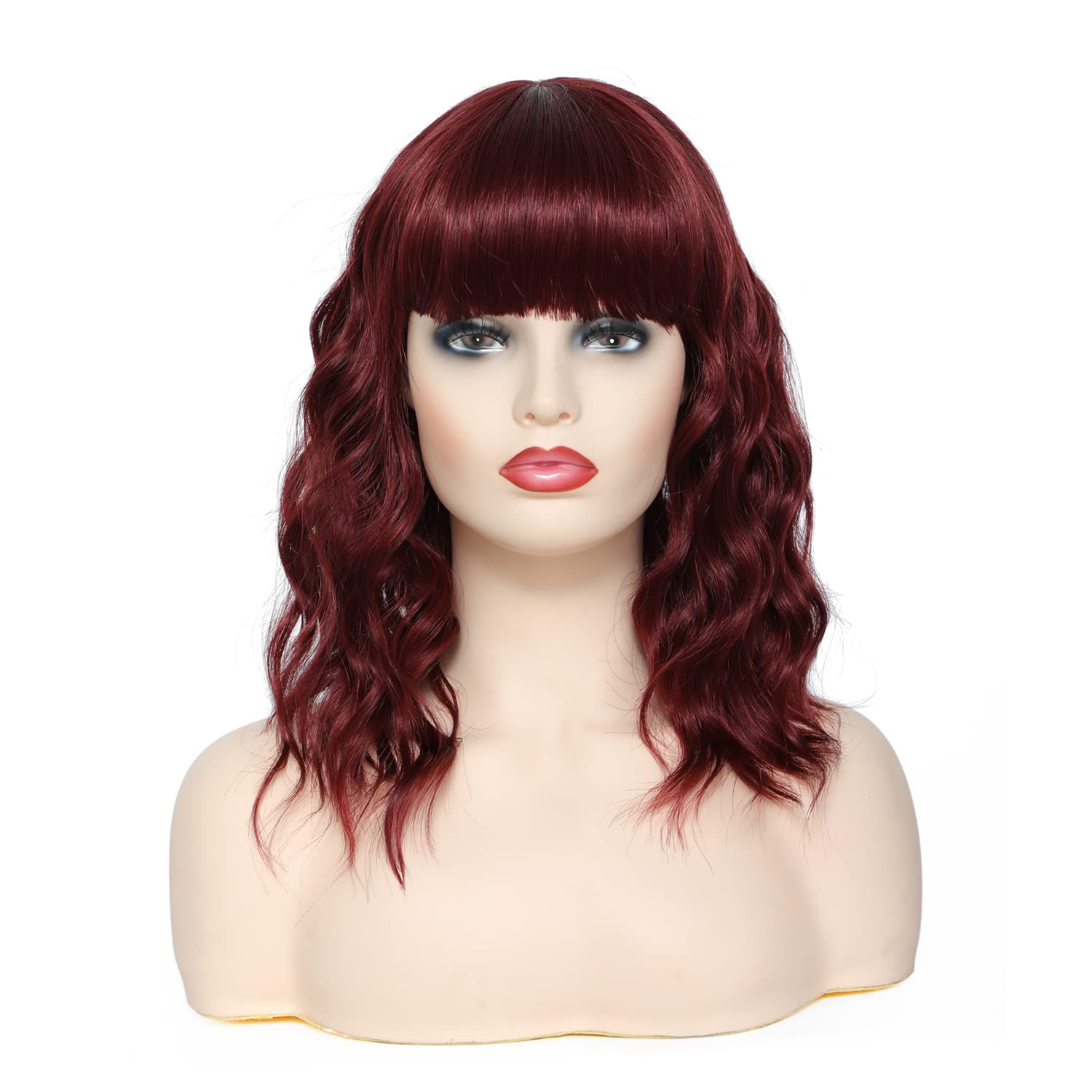 Red Wavy with Bangs Women Wig Short Curly Bob Wigs with Bangs 14 Inch Shoulder Length Wine Red Hair White Women Wigs for Black Women