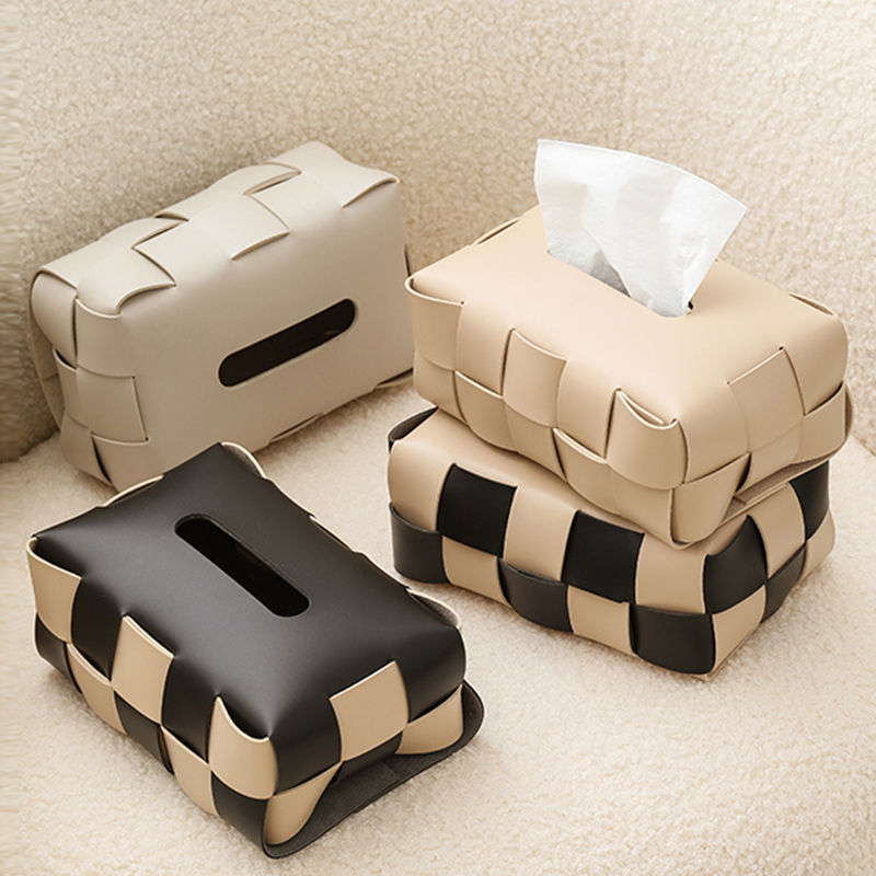 Tissue Boxes Napkins Checkerboard Woven Box Fashion Leather Napkin Case Living Room Office Desktop Home Decoration Creative Paper Towel Cover 221008