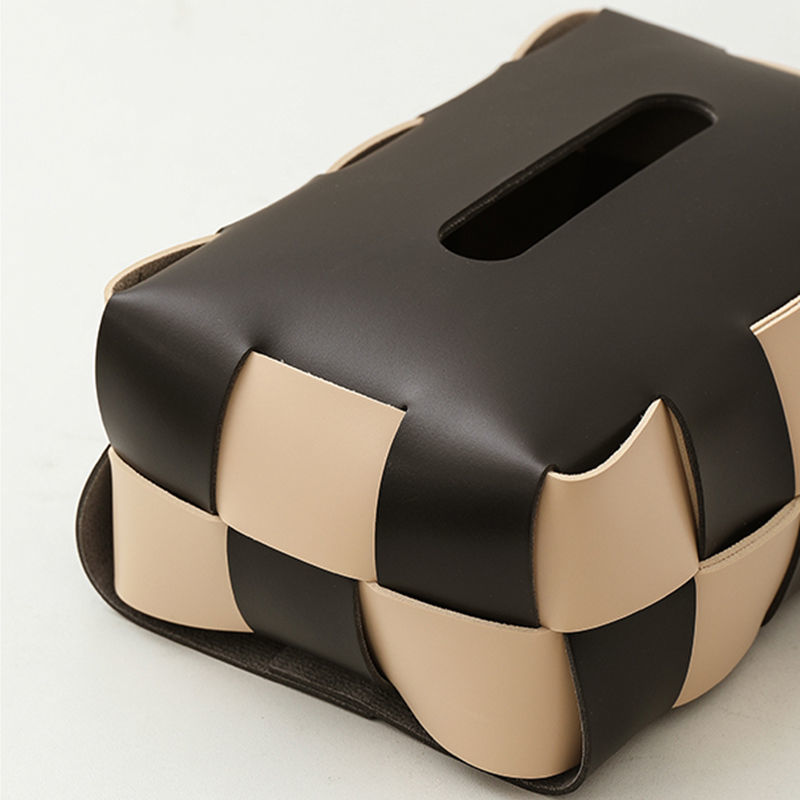 Tissue Boxes Napkins Checkerboard Woven Box Fashion Leather Napkin Case Living Room Office Desktop Home Decoration Creative Paper Towel Cover 221008