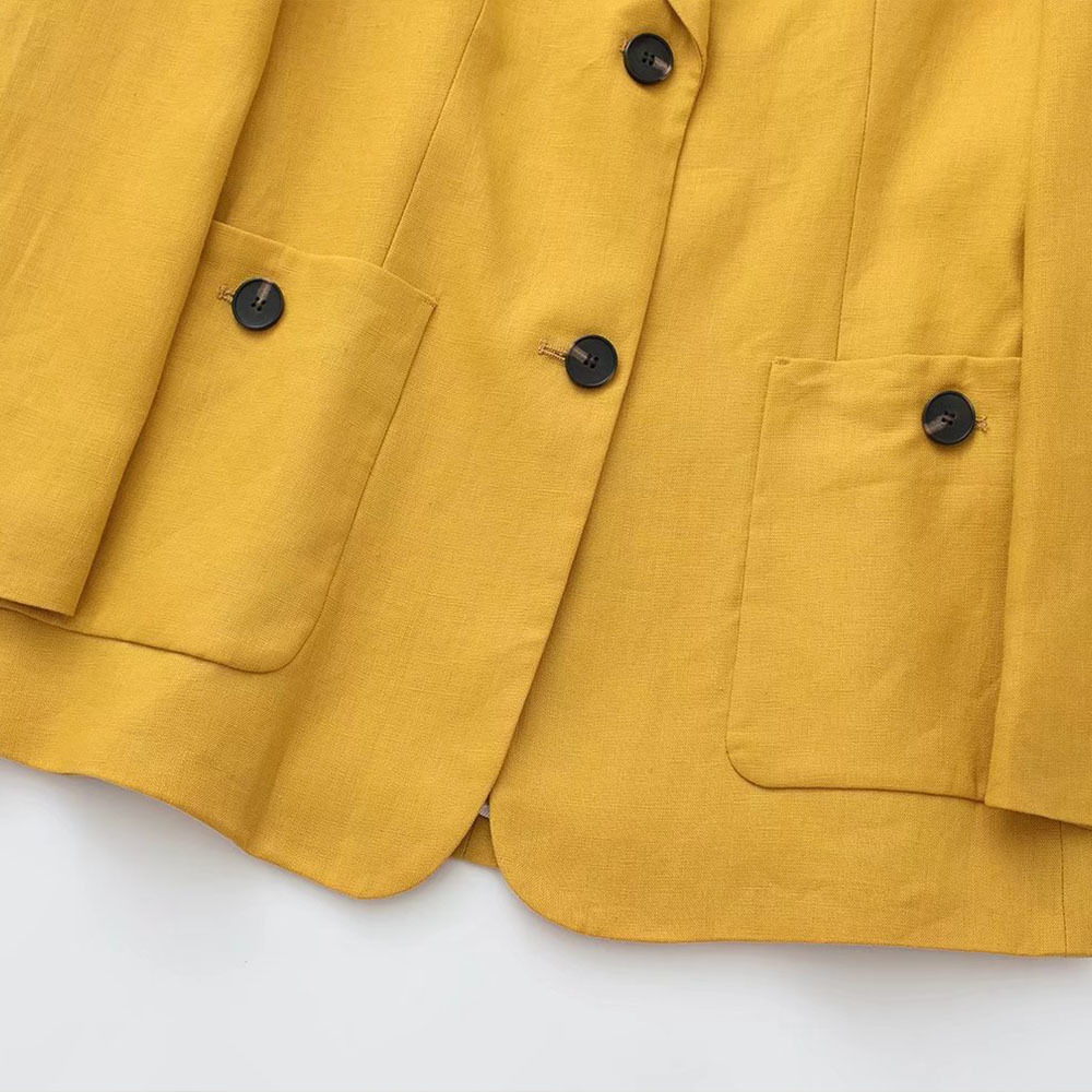 Women's Suits Blazers Women's Chic Fashion Patch Pocket Decorative Linen Blazer Casual Vintage Female Jacket High Waist Pants Set Mujer 2210