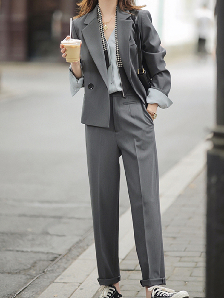 Women's Suits Blazers Autumn Workwear 2 Pieces Blazer Set Women Business Suit Jacket High Waist Pencil Pants Female Fashion Grey Pantsuits Outfit