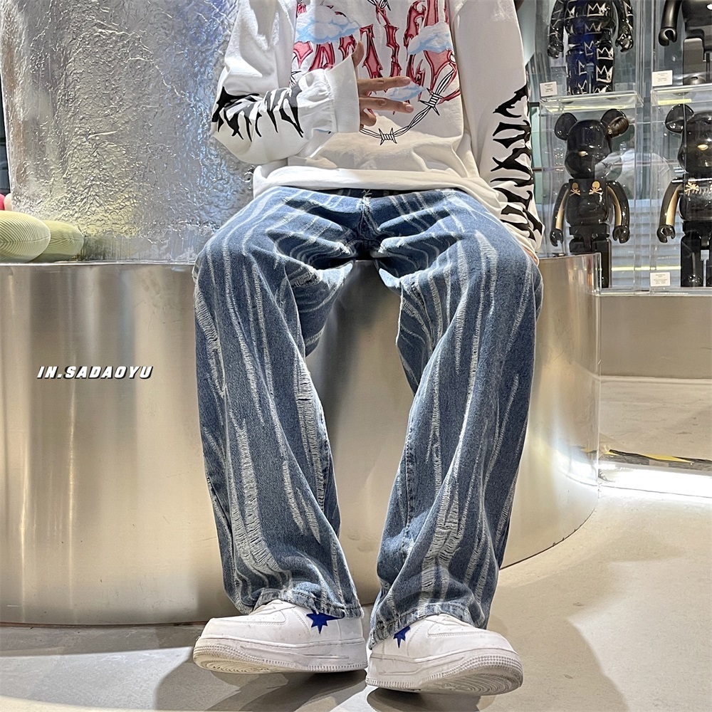 Men's Jeans Blue Jeans Mens Fashion Snowflake Hole Washing Trousers Men Streetwear Hip Hop Skateboard Jean Pants Loose Straight Denim 221008