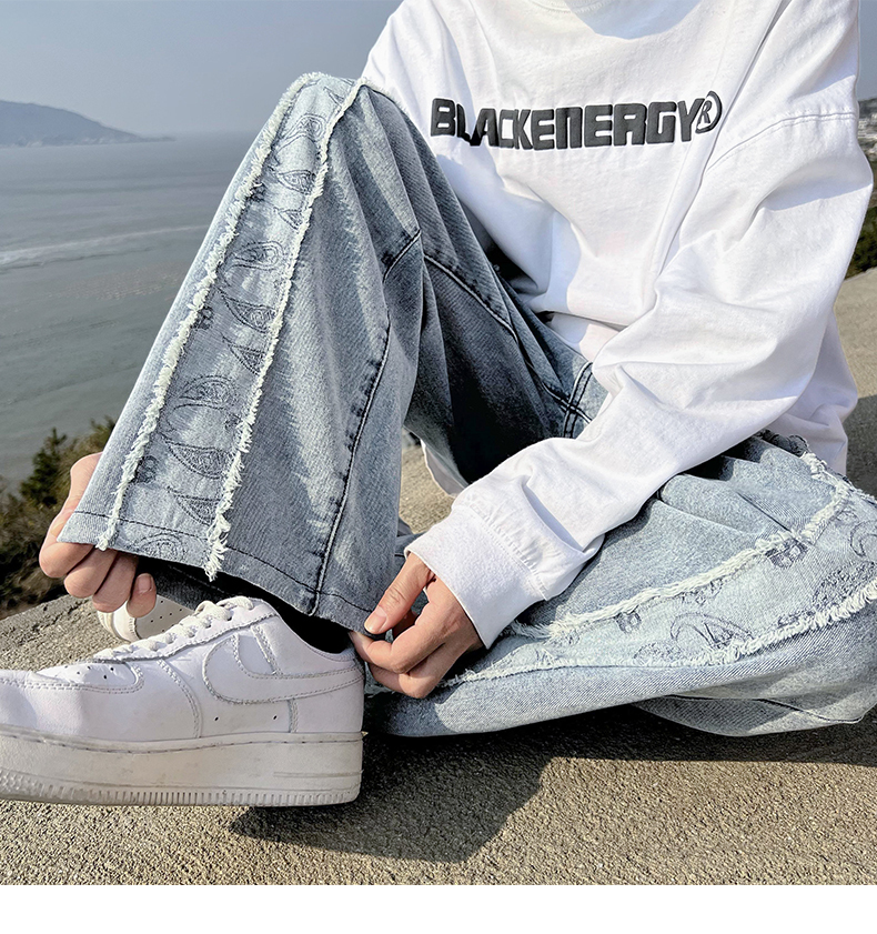Men's Jeans Cashew Flower Printed Men Jeans Patchwork Denim Straight Jean Pants Black Men's Hip Hop Jeans Neutral Streetwear denim Trousers 