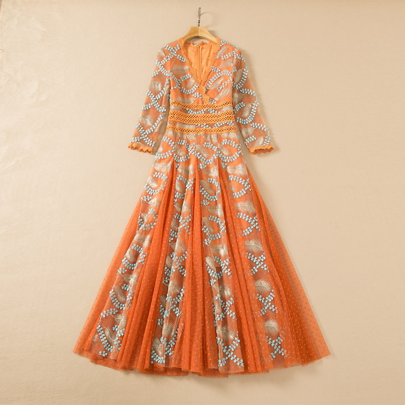 2022 Autumn V Neck Contrast Color Tulle Embroidery Dress Orange Long Sleeve Panelled Long Maxi Casual Dresses S2O080116
2022 Autumn V Neck Contrast Color Tulle Embroidery Dress Orange Long Sleeve Panelled Long Maxi Casual Dresses S2O080116