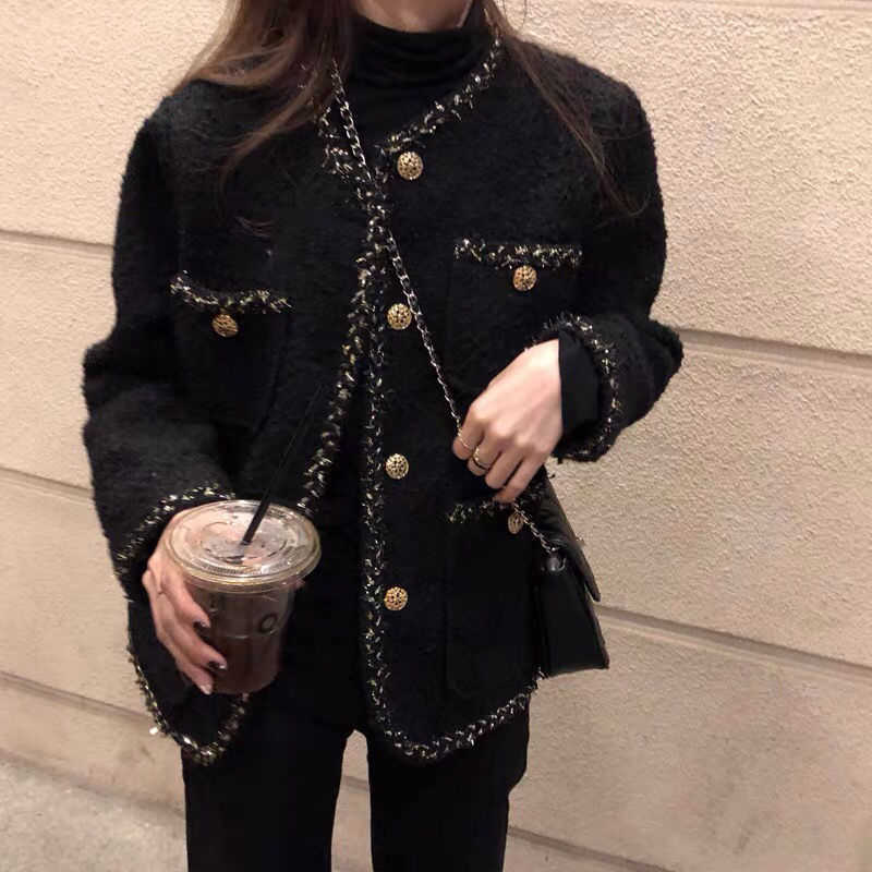Women's Jackets Korean Female Black Tweed Jacket Coat Women Outerwear Coats Channel Style Suit Cropped Stripeed Kawaii Vintage Fashion Suit T2210