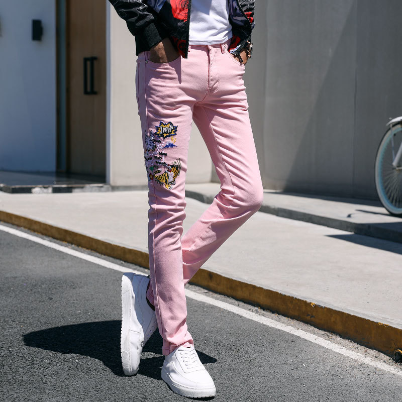 Men's Jeans Fashion Streetwear Mens Jeans Slim Fit Pink Yellow Green Color Elastic Punk Pants Hip Hop Jeans Embroidery Denim Trousers Men 221008