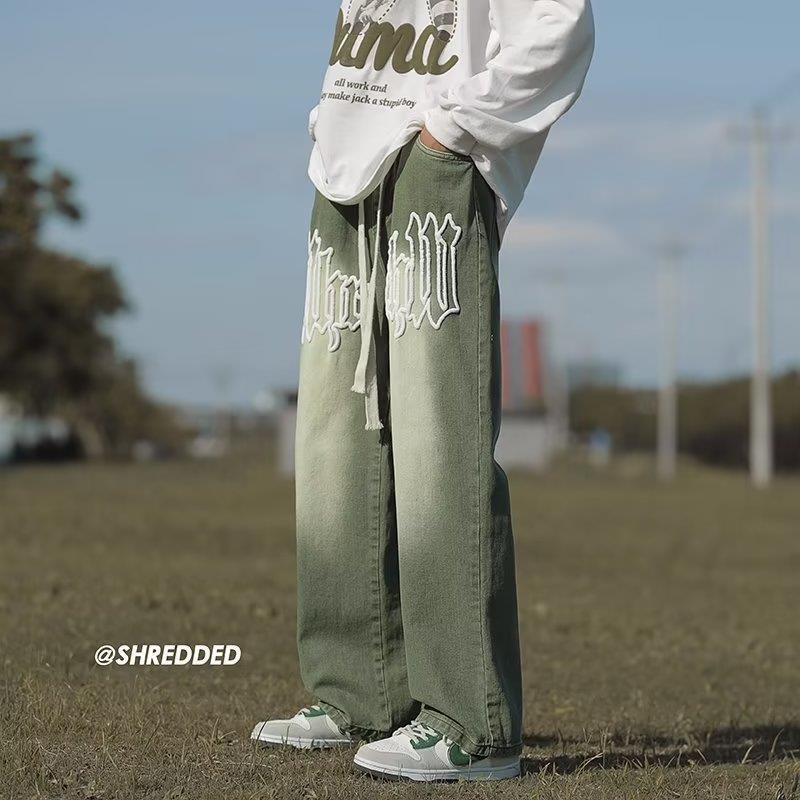 Men's Jeans Gradient Green Brown Stretch Hip Hop Jeans Men Vintage High Street Letter Handsome Street Dance Pants Loose Denim Jeans M5XL 221008