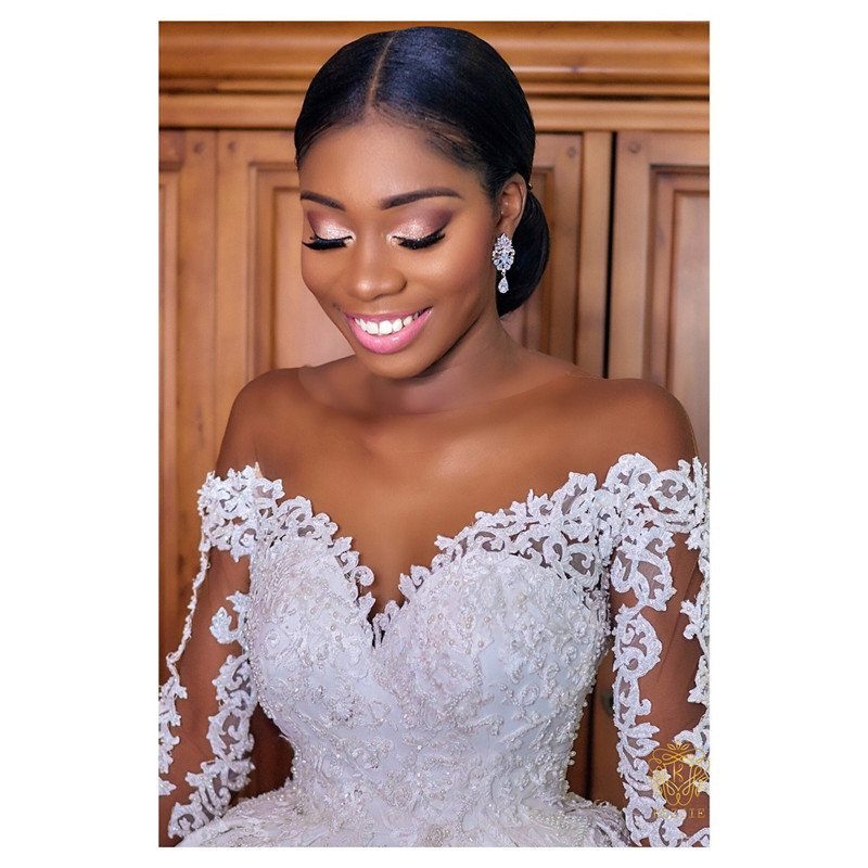 Plus Size Arabic Aso Ebi Ball Gown Wedding Dress Sheer Neck Long Sleeves Sexy Bridal Gowns Dresses