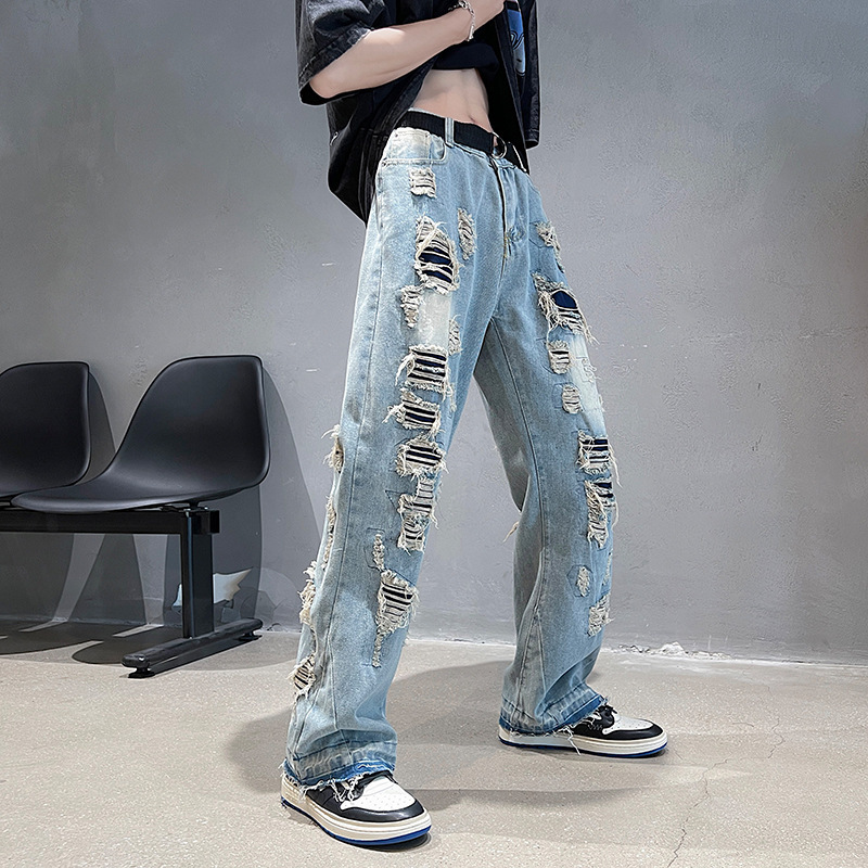 Men's Jeans High Street Streetwear Destroyed Ripped Jeans Homme Hip Hop Destroyed Tattered Biker Denim Jeans Hole Loose Wide Leg pants 221008