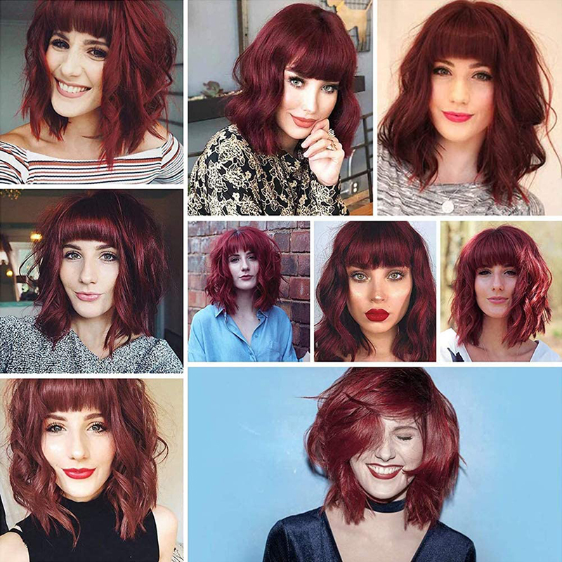 Red Wavy with Bangs Women Wig Short Curly Bob Wigs with Bangs 14 Inch Shoulder Length Wine Red Hair White Women Wigs for Black Women